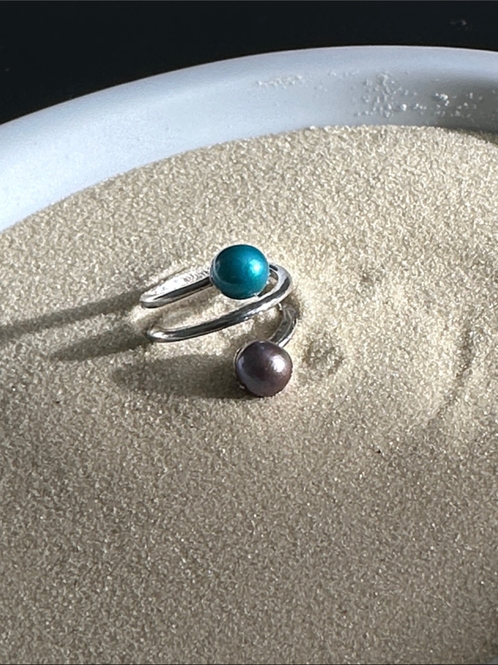 Silver toned Open Ring with Teal and Purple/Gray Freshwater  Pearls